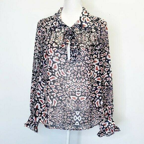 Chloe Oliver Printed Popover tie neck Blouse Multicolor Sz s long sleeve ruffle - Picture 1 of 13